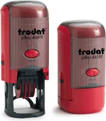 Produktbild von Trodat Datum-PRINTY 46119, max. 19 mm rund, Gehäuse rot, individuelle Stempelplatte mit Ihrem Wunschtext, Stempelkissen schwarz