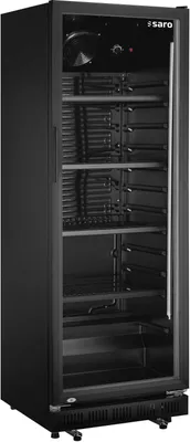 A product image of a black commercial refrigerator with a glass door and multiple shelves.