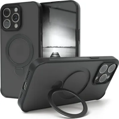 Two black iPhone cases with MagSafe rings are displayed against a white background. One case is shown from the back, and the other is shown from the side and bottom.