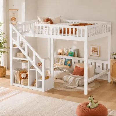 Image de Lit superposé 140x200 avec escalier et espace de rangement, en bois massif, de couleur blanche. Lit pour adolescents avec barrière de sécurité