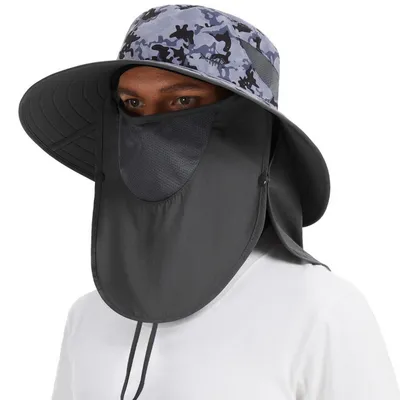Obrázek produktu pro Klobouk typu "Sonnenhut" (sluneční klobouk) ve stylu rybářského klobouku, s UPF 50+ ochranou, odnímatelnou ochranou obličeje a ochranou krku, prodyšný, voděodolný, vzor "sturm-tarnung" (maskovací vzor) / tmavě šedá