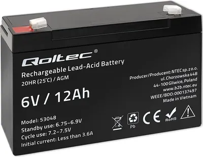 Zdjęcie produktu dla Akumulator AGM Qoltec 6V | 12Ah