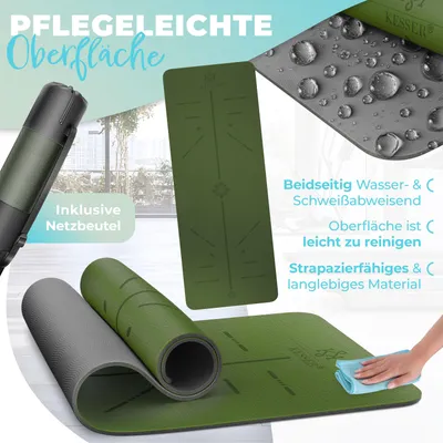 A green yoga mat is shown, partially rolled and unrolled, with water droplets on a separate surface. Text highlights features of the mat.