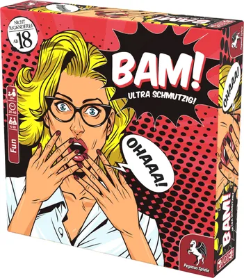 The image shows the front of a board game box with a comic-book style illustration of a surprised woman. The box is angled slightly towards the viewer.