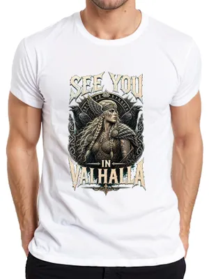 Obrázek produktu pro Tričko "Uvidíme se ve Valhalle", Viking, válečnice, Valkýra, severská mytologie, pánské, bílé, velikost XL
