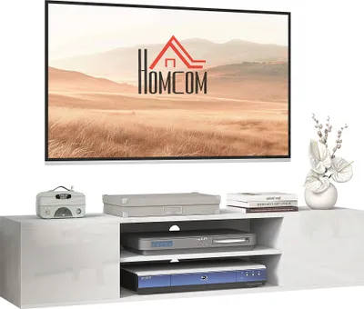 Image de HOMCOM Meuble banc TV mural suspendu style contemporain - 2 placards 2 niches centrales et 2 passe-câbles 140 x 30 x 30 cm blanc