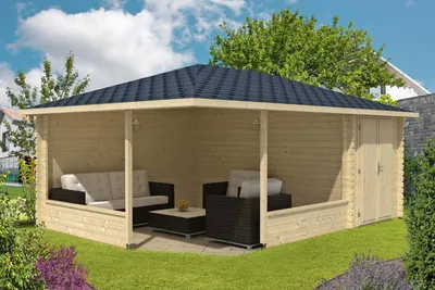 Produktbild von Alpholz 5-Eck Gartenlaube Maik-40 mit Anbau aus naturbelassenem Holz,400 x 570cm mit 40 mm Wandstärke