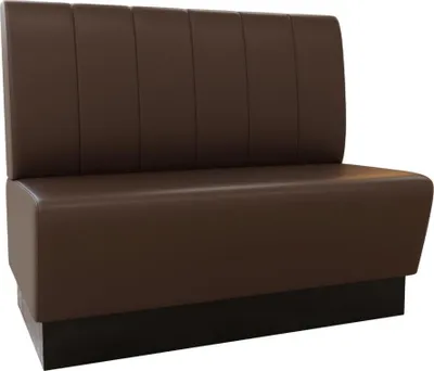 A brown leatherette diner booth with vertical stitching and a black base, shown against a white background.