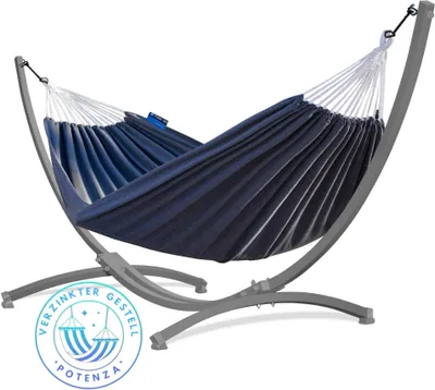 Produktbild von Potenza Outdoor Hängematte mit Verzinkter Gestell für 2 Personen I Baumwolle Doppelhängematte XXL 220x160, 200kg I Grau Hängemattengestell 220kg, wetterfest