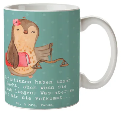 Produktbild von Mr. & Mrs. Panda Kaffeetasse Juristin Recht - Meeresbrise - Geschenk, Geschenktasse, Gerechtigkeit, juristische Sprüche, Teetasse, Berufspassion, handgefertigte Geschenke