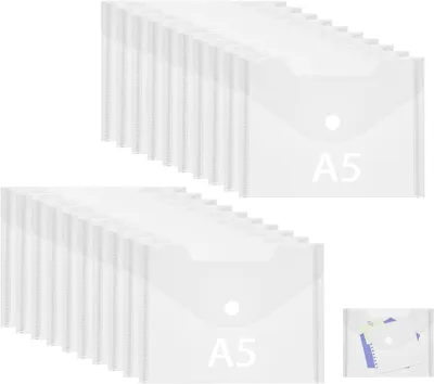Imagen del producto de Fundas para documentos, formato A5, juego de 12 unidades, transparentes, resistentes al agua, de 22,5 x 18 cm, ideales para uso escolar y de oficina