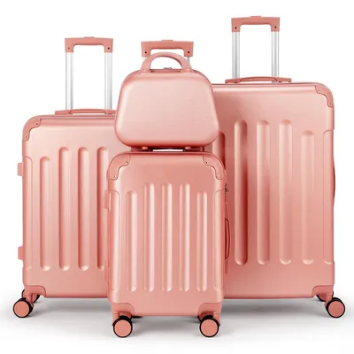 Image de Ensemble de valises rigides ABS, 4 pièces, tailles 12/20/24/28 pouces, valise à roulettes avec 4 roues et poignée de transport, protections d'angle, poignée télescopique, couleur or rose