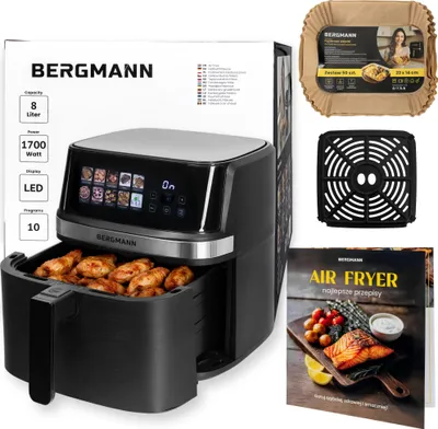 Zdjęcie produktu dla Frytkownica na gorące powietrze beztłuszczowa airfryer frytownica BERGMANN YI 1 komora 8l 1700W 10 programów w zestawie książka z przepisami