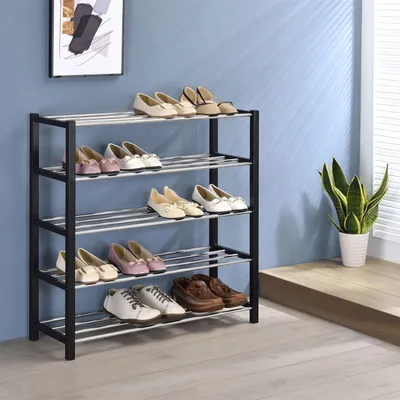 Produktbild von Schuhregal DUBLIN mit 5 Ablagen in schwarz. Schuhaufbewahrung mit verchromten Ablagen. Modernes Design langlebig robust praktische Schuhablage