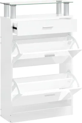 A white shoe cabinet with a glass top and multiple flip-down compartments.