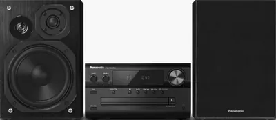A black Panasonic SC-PMX94EG-K stereo system with two speakers and a central unit is displayed against a white background.