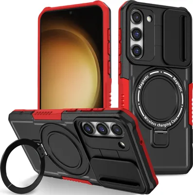 Produktbild von Handyhülle für Samsung Galaxy S23+ Kompatibel mit MagSafe, Robuste Hülle mit Schiebe Kamera Schutz, Magnetischer Ringständer Schwarz Rot