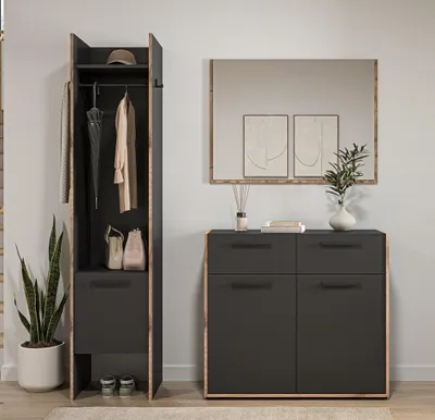 Produktbild von Garderoben-Set Bueno | Basalt grau / Nox Oak | 3-teilig