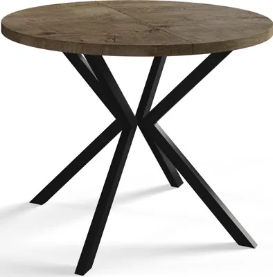 A round dining table with a wooden top and black metal legs.
