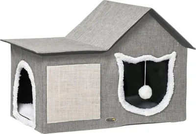 Produktbild von Katzenhöhle Mit Kratzfläche Und Doppeltüren Kuschelhöhle Mit Kissen & Spielball, Polyester, Grau