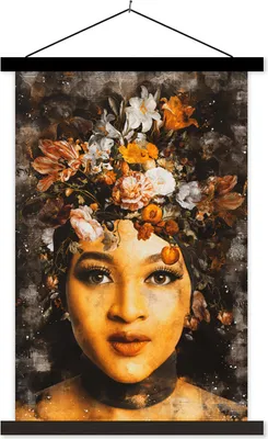 Produktbild von MuchoWow® Textilposter Frauen - Blumen - Farbe 60x90 cm mit schwarzem Rahmen - Poster Wohnzimmer