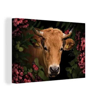 Produktbild von OneMillionCanvasses® - Leinwandbilder - 150x100 cm, Kuh - Blumen - Tiere - Braun, Wandbilder Kunstdruck Wanddekoration