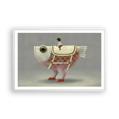 Produktbild von Gerahmtes Poster - Weißer Rahmen - Surreal Fisch Kind - 91,5x61 cm - Wand Bild - Wanddeko - Wandbilder - Kunstposter - Wandposter - Bilderrahmen - Bilder - Kunstdruck Wanddekoration - P2WAA91x61-4897