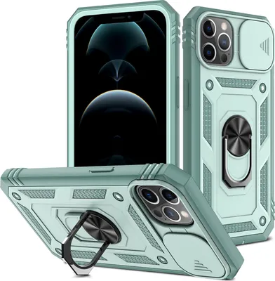 Produktbild von iPhone 12 / 12 Pro Hülle, Schiebe Kamera Schutz Robust Rüstung Stoßfest Schutzhülle mit Ringhalterung Ständer Kartenhalter für iPhone 12 / iPhone 12 Pro Rot