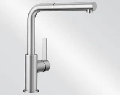 A close-up studio shot of a modern kitchen faucet.