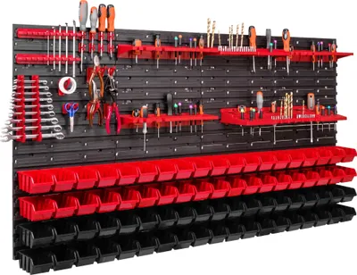 Obrázok produktu pre Nástenný panel na náradie 156 x 78 cm s 76 ks. Krabic závesný Boxy se sadou držiakov plastová