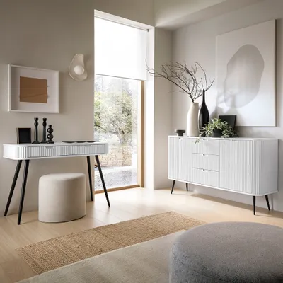 Produktbild von Wohnzimmer Set weiß gerillt, Konsolentisch und Sideboard, Füße schwarz, ZARA-160