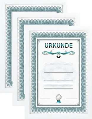 Three white document frames are stacked on a white background. The front frame displays a certificate with the word "URKUNDE" at the top.