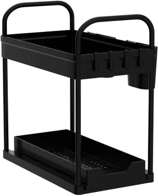 Produktbild von Küchen Organizer 2 Etagen unter der Spüle, ausziehbare Schublade, 4 Haken und 2 Hängebecher, Spülenschrank Regal für Küche und Bad, 40,6 cm