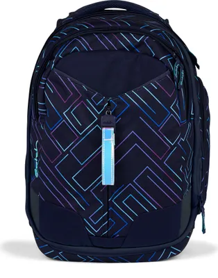 A navy blue backpack with a geometric pattern of thin lines in purple, blue, and pink.