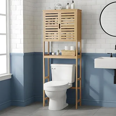Produktbild von Toilettenregal Bambus– Waschmaschinenregal 170x66x23cm | Waschmaschinenschrank, Badregal mit Schrank WC Regal mit Ablagen, platzsparender Toilettenschrank für Badezimmer