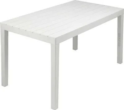 A white rectangular outdoor dining table with slatted top and four legs, shown from a slightly elevated side angle against a white background.