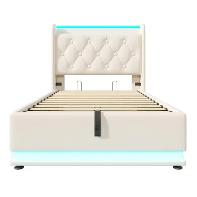 Produktbild von Flieks Polsterbett 90x200cm mit Ladefunktion (USB&Typ-c), Jugendbett Einzelbett Stauraumbett mit LED, Hydraulisches Boxspringbett, PU, Weiß