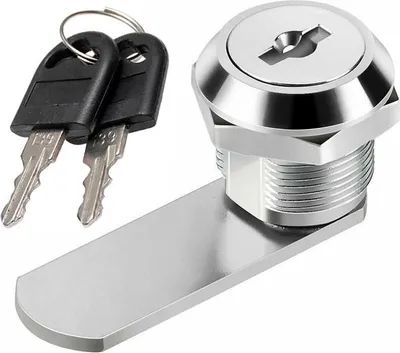 A silver lock with two black keys on a white background.