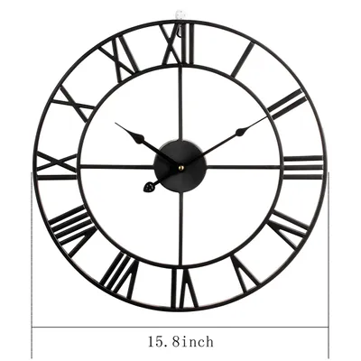 Produktbild von Große Wanduhr im Vintage-Stil, schwarz rund, Metall geräuschlos Nicht tickend, batteriebetrieben, 40cm,16 Zoll römische Ziffern, Uhren für Wohnzimmer