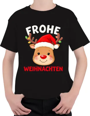 Produktbild von Frohe Weihnachten Rentier Rudolf rote Nase lustig Kinder Geschenk Uni Kinder T-Shirt, Schwarz, 140