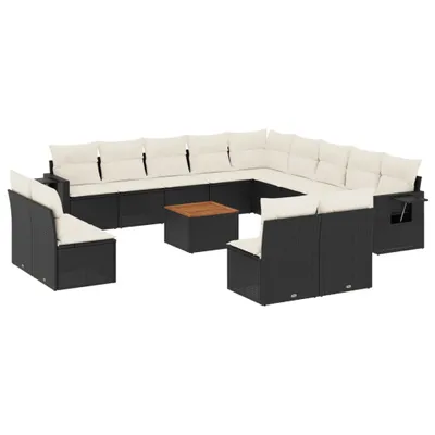 Produktbild von Modulare Garten-Sofagarnitur, 14-tlg. Lounge-Set mit Stauraum, schwarzem Poly Rattan, Akazienholz-Tischplatte, cremeweißen Kissen