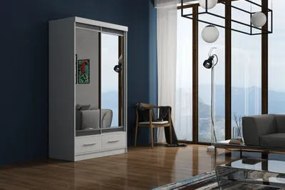 Produktbild von Krudox MAR Kleiderschrank Weiss 120x216x62 cm Schiebetürenschrank mit Spiegel Grau Lacobel 2 Schubladen Kleiderstange Schlafzimmer
