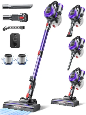 A collage of a purple cordless vacuum cleaner and its accessories, displayed against a white background.