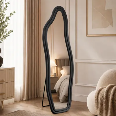 Obrázok produktu pre Zrkadlo INONEFT, celotělové, 160 x 50 cm, stojace, možné zavesenie alebo opretie o stenu, s rámom, vhodné do spálne alebo chodby, čierna farba, Obrázok generovaný UI