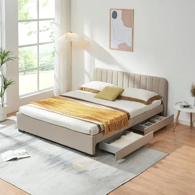 Produktbild von Polsterbett Nofrenna Doppelbett mit 4 Schubladen gepolstert Stauraumbett 140 x 200 cm Bettgestell mit Lattenrost Leinenbezug Beige