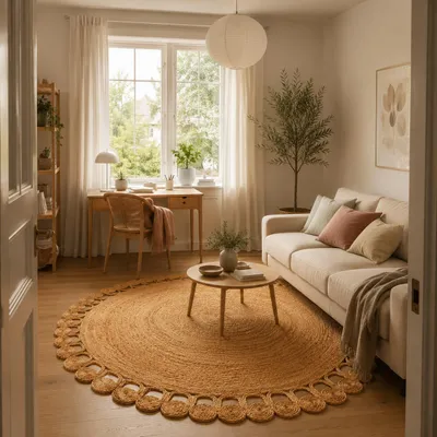 Produktbild von Naturfaser Teppich Handgefertigt Jute Salsa Natur Boho Beige Rund, Größe:80 cm Rund