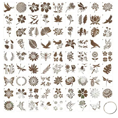 Produktbild von 80 Stueck Schablonen Set 7,2 x 7,2 cm, Wiederverwendbare Malschablonen fuer DIY, Moebel, Holz, Boden, Scrapbooking, Textilgestaltung & Handwerk, Kunststoff Zeichenschablonen mit Blumen, Blaettern, Tieren