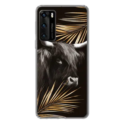 Produktbild von MuchoWow® Handyhülle Schutzhülle Hülle für Huawei P40 Schottischer Highlander - Blätter - Gold Silikon Softcase Handy Hülle - Handytasche