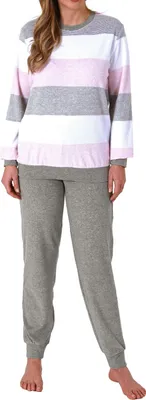 Produktbild von Damen Pyjama mit Bündchen Schlafanzug in Blockstreifenoptik - auch in Übergrössen ; rosa , 36