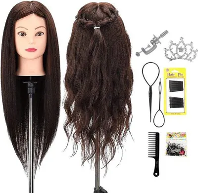 Produktbild von Kopf für Haartraining 50% echtes Haar 52 Zoll - Friseur-Übungskopf mit Halter und Haarstyling-Vlechtset
